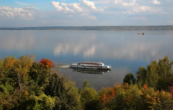 Trees, shore, River, ship
