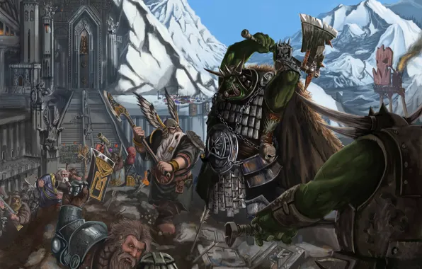 Weapons, mountain, stage, fortress, Fantasy, warhammer, warriors, statues