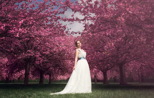 Grass, woman, lips, white dress, cherry, direct look, blue belt