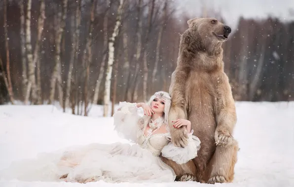 Winter, forest, look, girl, snow, nature, pose, bear