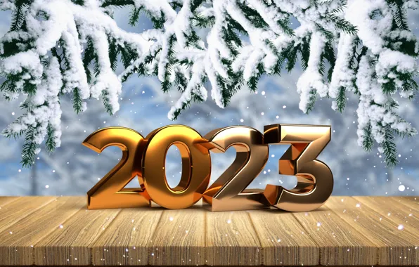 Picture winter, snow, snowflakes, New Year, figures, metal, golden, happy