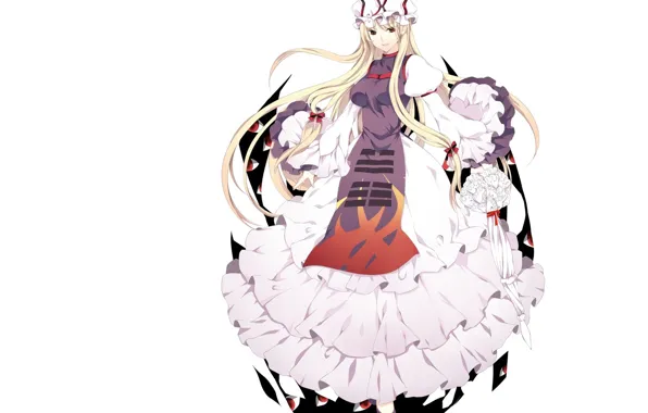 Magic, umbrella, white background, cap, long hair, art, ruffles, Touhou Project