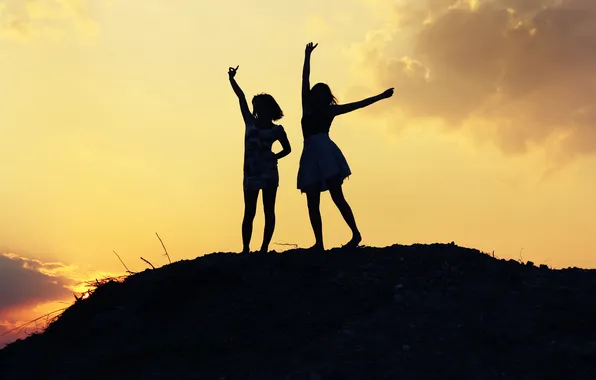 Freedom, sunset, photo, girls, height, the evening, silhouettes, ease