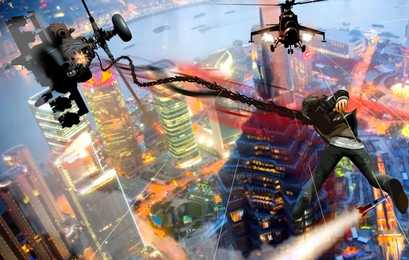Picture the city, the game, height, home, Prototype, helicopters, guy, in the air