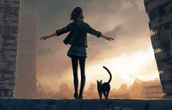 Girl, the ruined city, black jacket, from the back, black cat, cloudy sky, hand in …