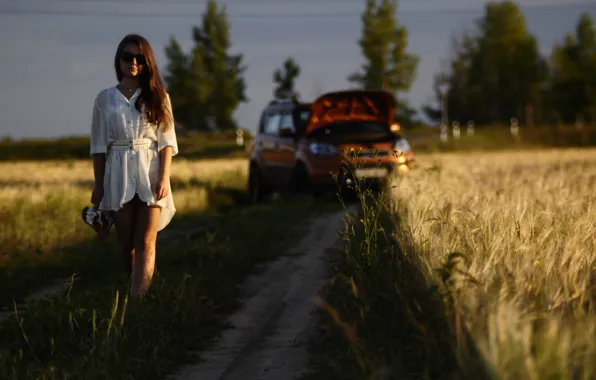 Road, wheat, field, machine, girl, nature, sexy, failure