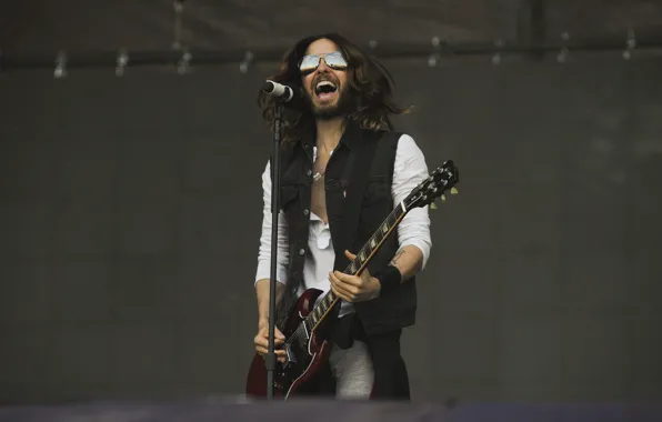 Scene, guitar, glasses, male, microphone, guitar, microphone, song