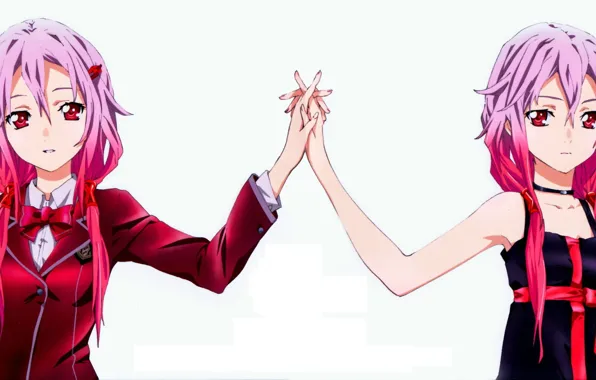 White background, bow, red eyes, school uniform, guilty crown, pink hair, Inori Yuzuriha, Guilty crown