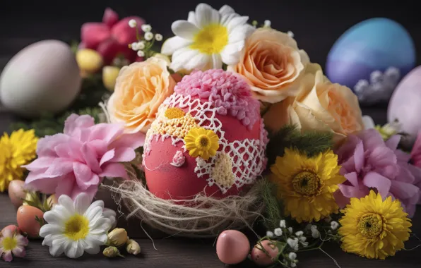 Flowers, table, holiday, egg, eggs, bouquet, spring, Easter