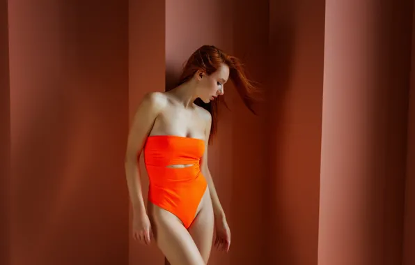 Swimsuit, girl, pose, wall, hair, figure, red, redhead