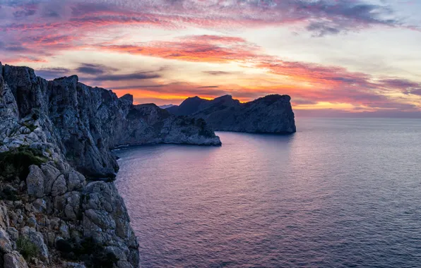 Sea, sunset, rocks, glow, Spain, Balearic Islands, Cap de Formentor