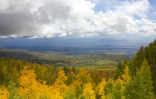Autumn, forest, the sky, clouds, trees, mountains, valley