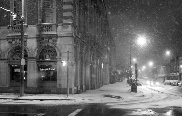 Street, Night, lantern, City, Snowy, Streets