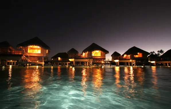 The ocean, the evening, the hotel, Bungalow, panorama, island, resort, Tahaa