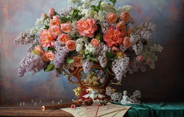 Picture flowers, style, notes, roses, bouquet, vase, figurine, still life