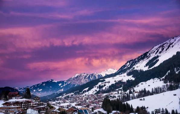 Winter, forest, snow, trees, mountains, Austria, resort