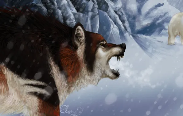 Winter, look, snow, animal, wolf, art, polar bear