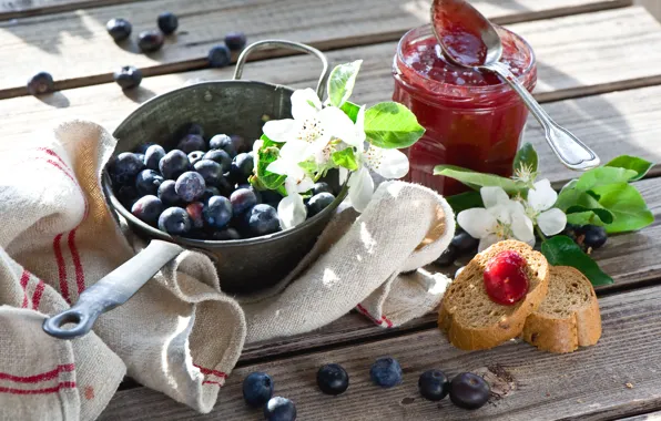Picture flowers, twigs, Breakfast with berries and jam, Breakfast with berries and Jam