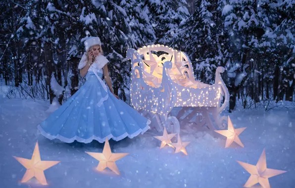 Winter, frost, forest, look, girl, stars, light, snow