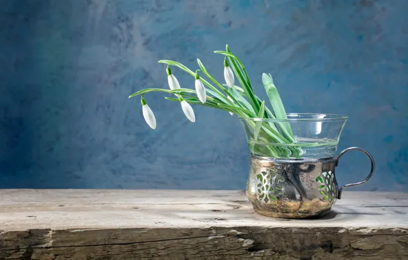 Flowers, glass, snowdrops, Board