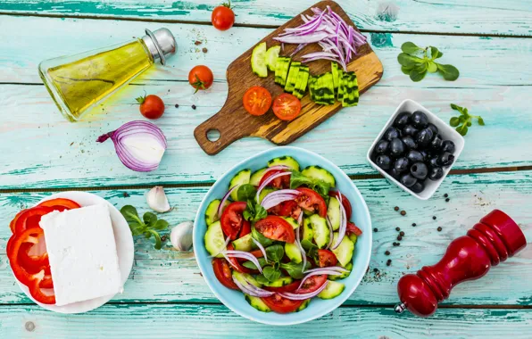Food, cucumber, bow, tomatoes, olives, olive oil, pepper, Greek salad
