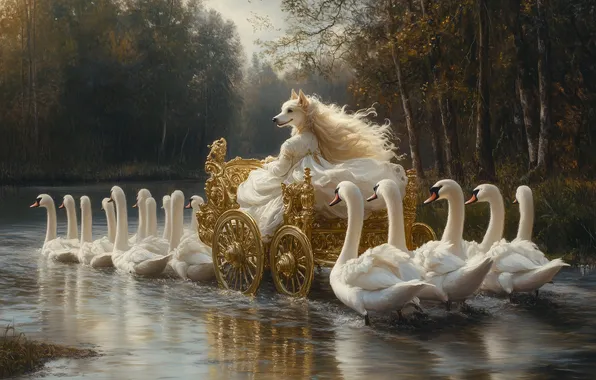 Birds, fantasy, dog, picture, fantasy, swans, history, mythology