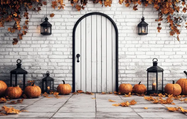 Autumn, decoration, house, wall, holiday, foliage, tile, candles