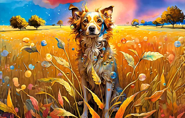 Field, look, leaves, trees, nature, stems, dog, bubbles
