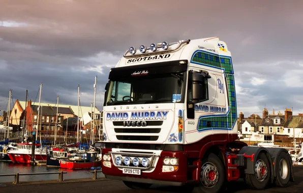 Home, boats, pier, Scotland, truck, tractor, Trak, Iveco stralis 500