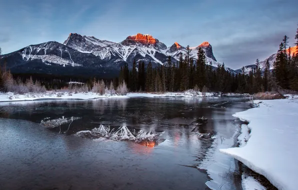Winter, light, snow, river, mountain, ice, Canada, Albert