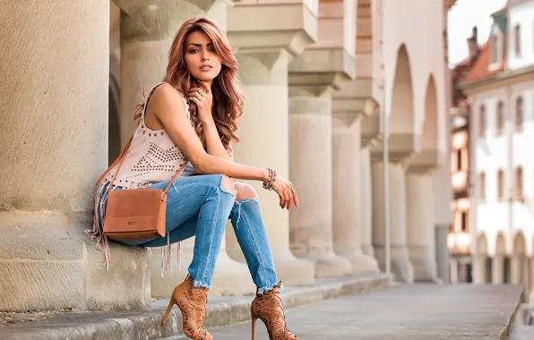 Girl, decoration, street, the building, portrait, jeans, makeup, hairstyle