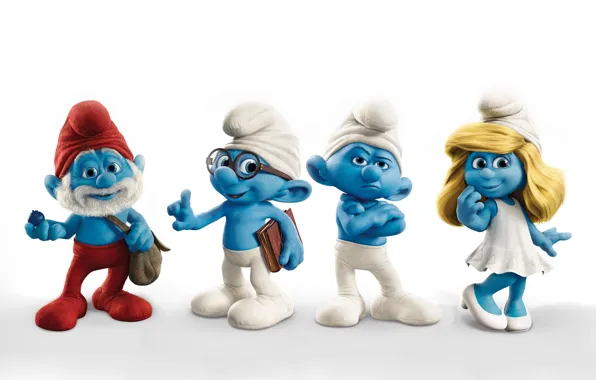 Men, white background, blue, dad, cartoons, gnomes, Smurfs, the Smurfs