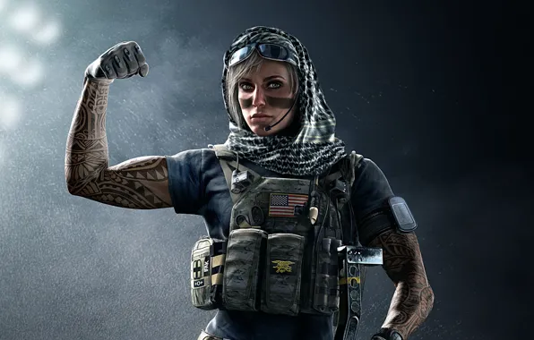 Picture girl, gun, soldier, weapon, woman, blue, Rainbow Six, tatoo