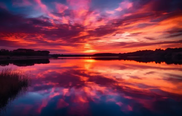 Sunset, reflection, figure, sky, digital, sunset, pink, purple
