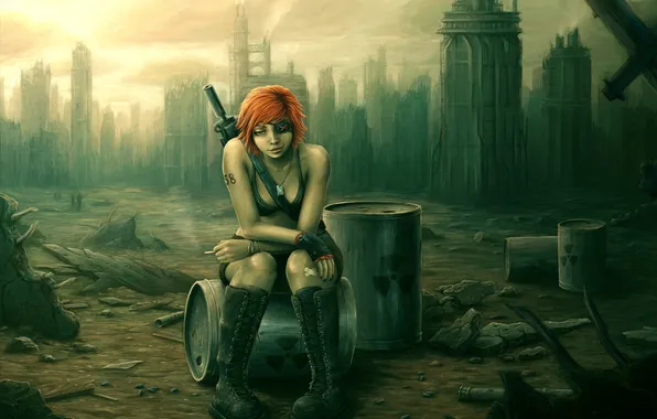 Picture girl, the city, Apocalypse, radiation, barrels