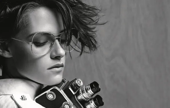 Girl, black and white, camera, actress, glasses, hairstyle, Kristen Stewart