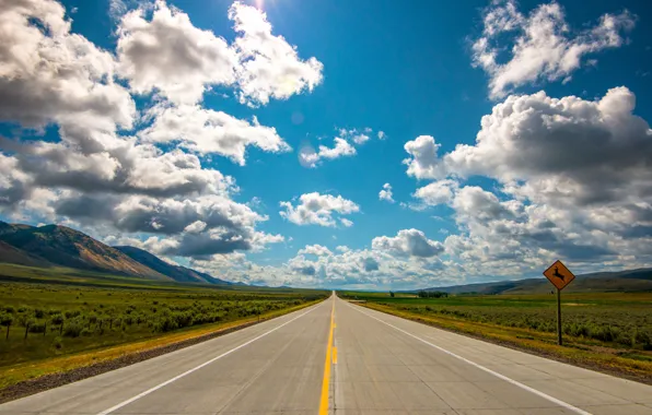 Road, the sky, clouds, mountains, field, horizon