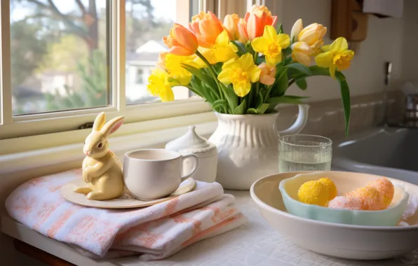 Flowers, table, holiday, eggs, bouquet, spring, rabbit, Easter