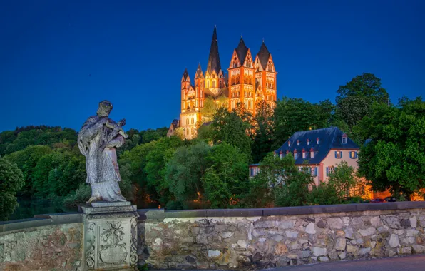 Bridge, house, Germany, Cathedral, statue, Germany, Limburg an der Lahn, The Cathedral Of St. George