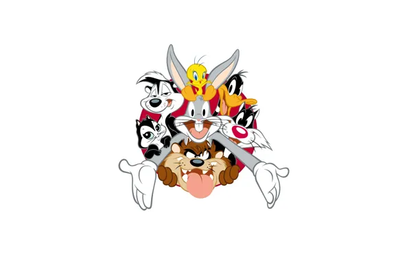 Picture minimalism, white background, Taz, Daffy Duck, Sylvester the Cat, Looney Tunes, Bugs Bunny, Tasmanian Devil