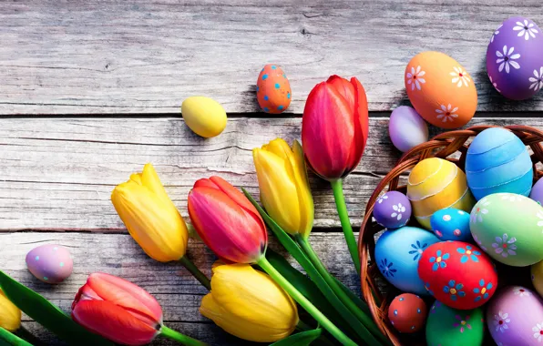 Flowers, holiday, Board, eggs, Easter, tulips, basket, Easter