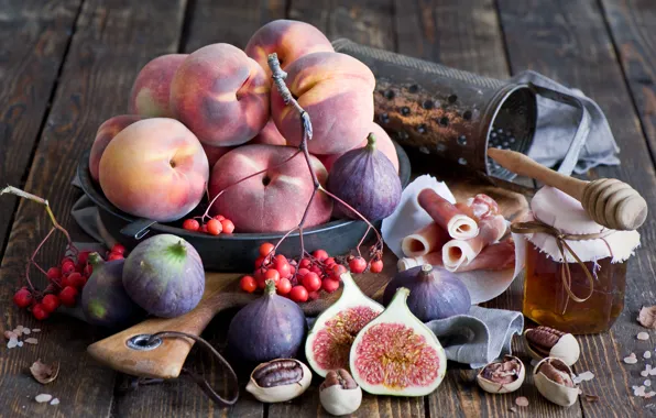 Berries, nuts, still life, honey, peaches, figs, grater, figs