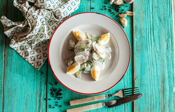 Egg, cucumber, dill, plate, salad, appetizer, radishes