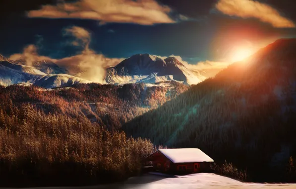 Picture forest, the sun, mountains, house, treatment, A place to relax