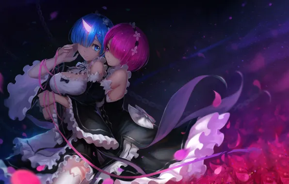 Girls, demons, anime, art, horn, ram, maids, rem