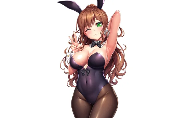 Girl, sexy, cleavage, green eyes, long hair, brown hair, boobs, anime