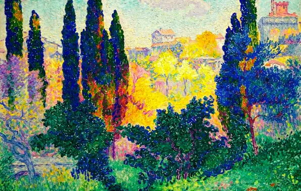 Picture trees, landscape, home, picture, Cypress Trees at Cagnes, Henri Edmond Cross