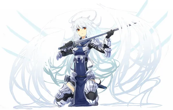 Picture girl, weapons, wings, angel, sword, anime, art, halo