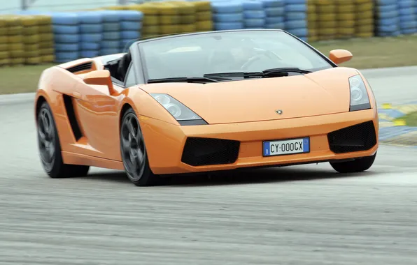 Picture road, asphalt, orange, movement, supercar, convertible, spider, Lamborghini