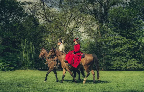 Picture grass, trees, horse, red dress, lady, sir